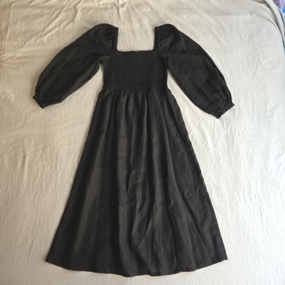 J. Crew Smocked Puff Sleeve Dress sz S Black Linen Cottagecore Midi